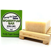 A box of Savvy Fit Soaps Momintum Bar in Spearmint Peppermint with an open soap, highlighting its plant-based, USA-made, and refreshing skincare formula.